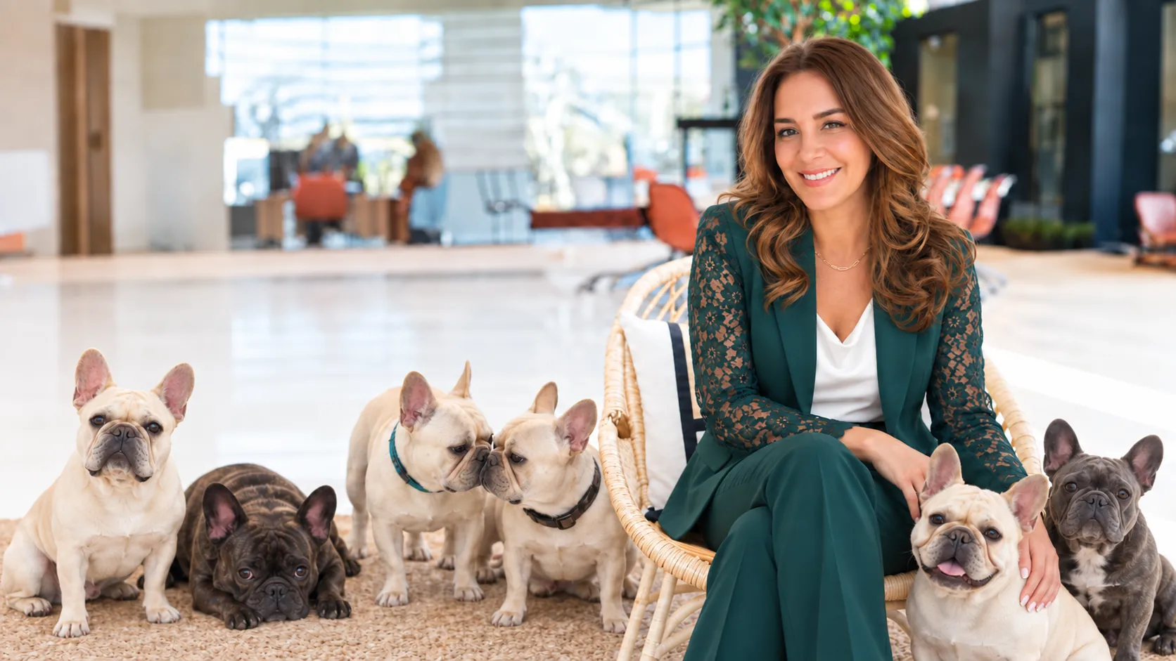 Angie Brannon seated in a lounge with her six French bulldogs