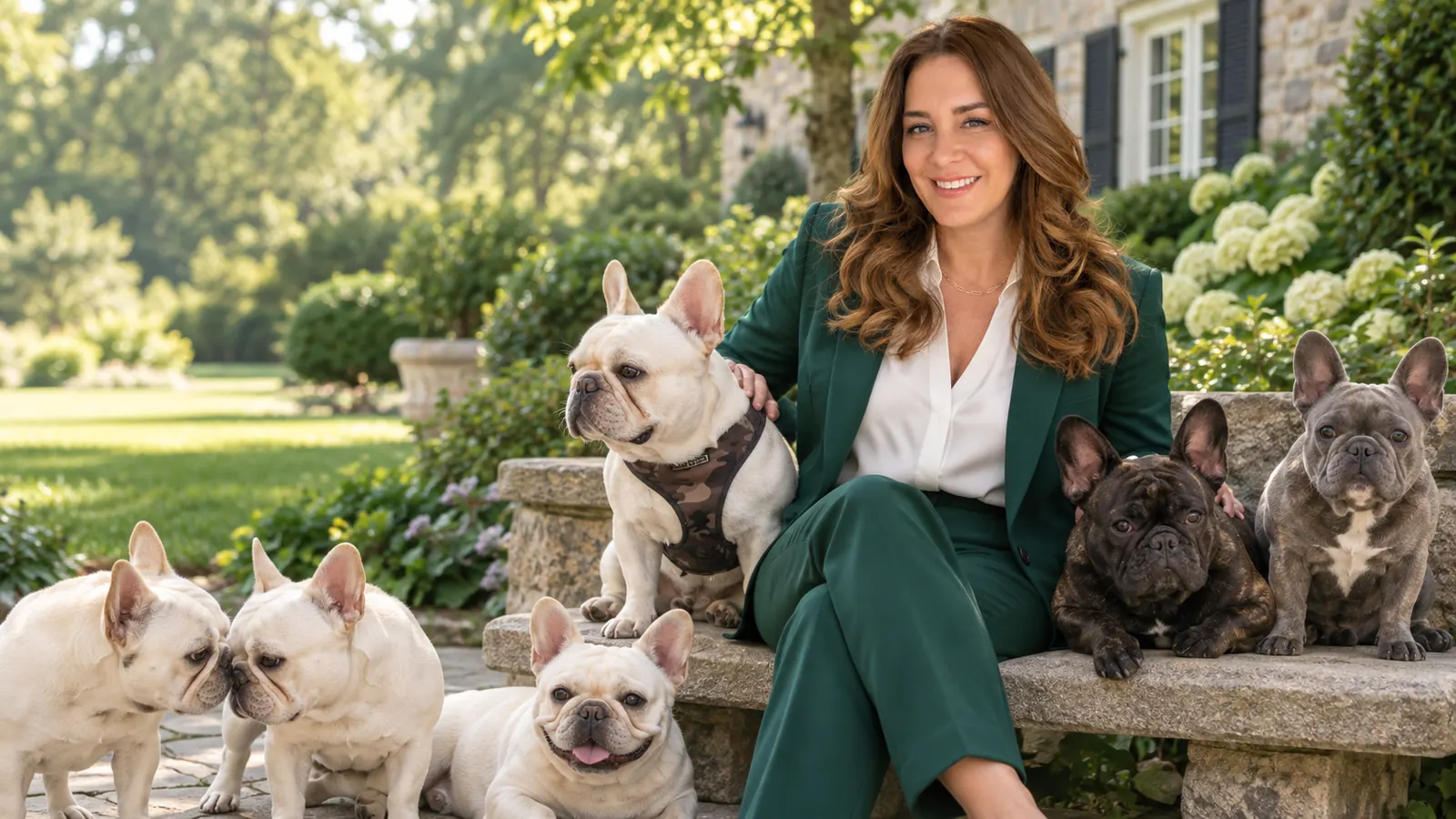 Angie Brannon seated outdoors in a garden with her six French bulldogs