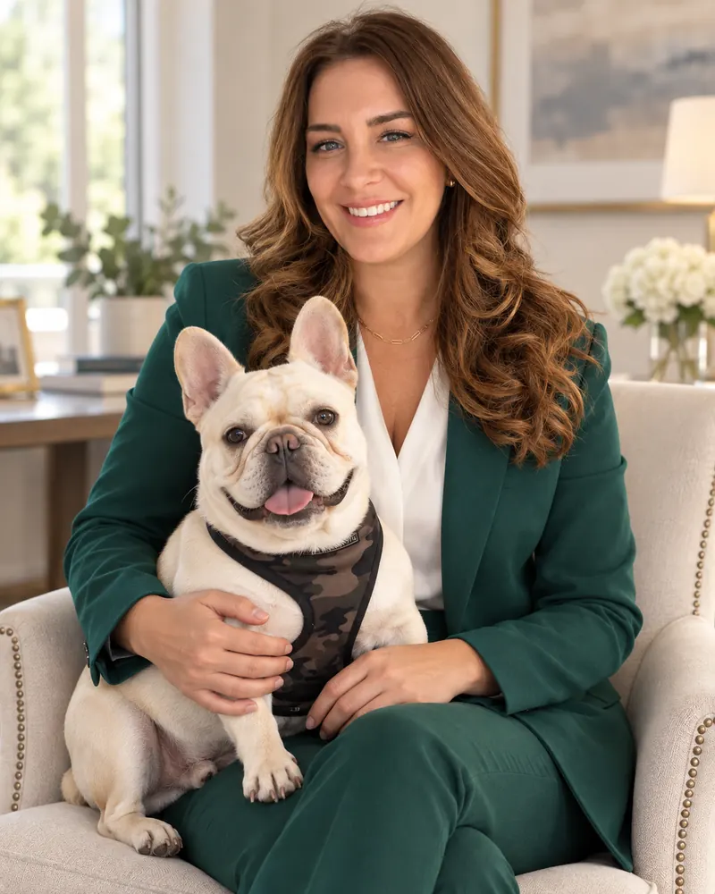 Angie Brannon holding one of her French bulldogs